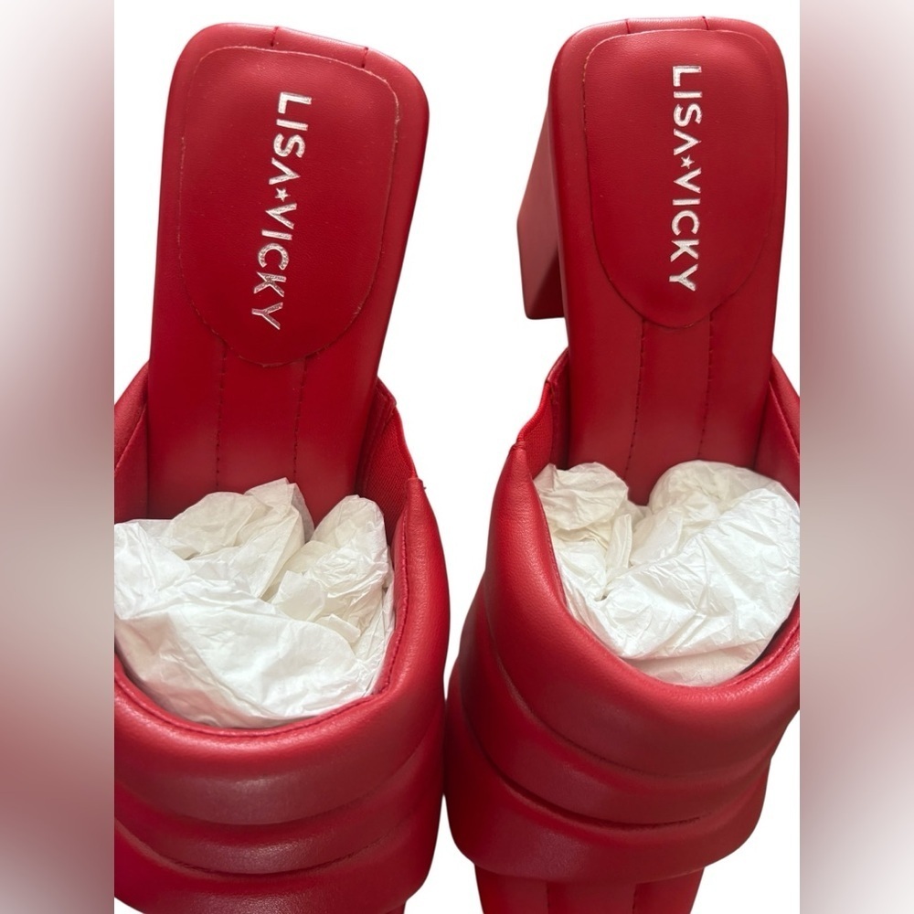 Red Block Heel Mules with Wide Straps - Picture 4 of 7